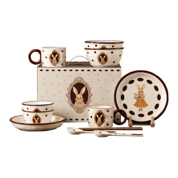 JINGEYU Two Person Dining Bowl And Plate Set With Chopsticks Gift Box Set