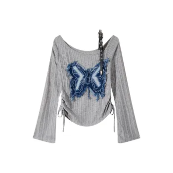 ONEPASS Long Sleeved Asymmetrical Collar Off Shoulder Ruched Knitwear Women's