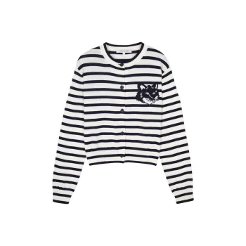 Maison Kitsune Fox Head Intarsia Buttoned Striped Cardigan
