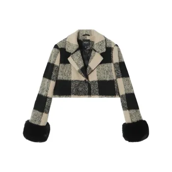 MEETLADY Coats Women's Black Beige Plaid