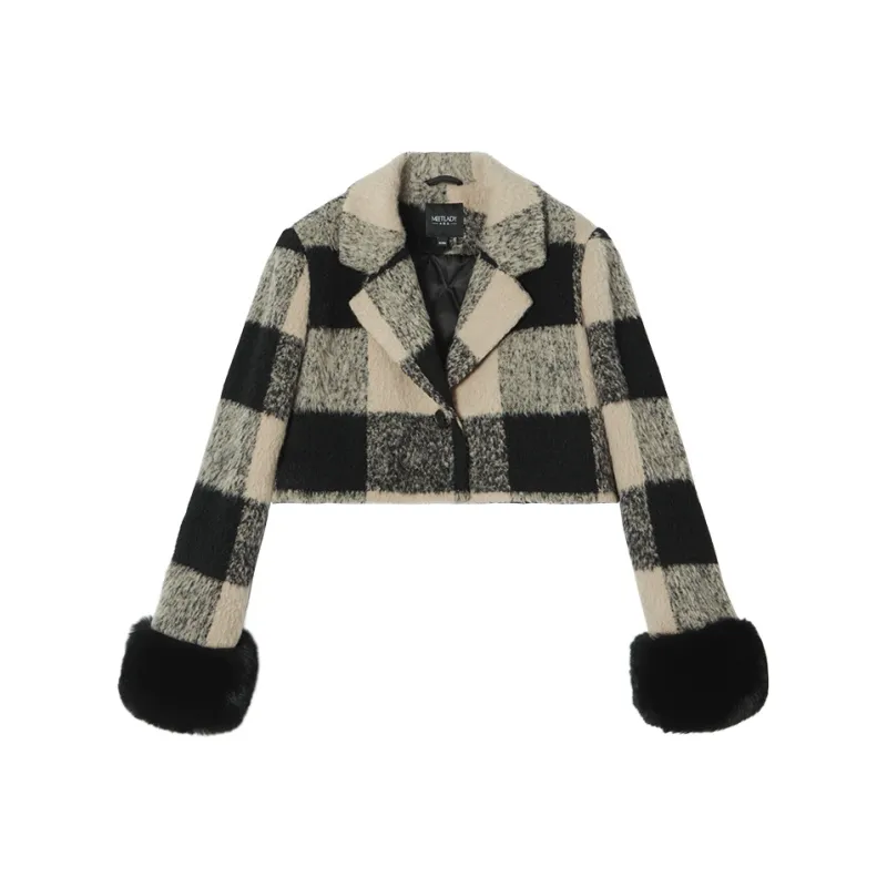 MEETLADY Coats Women's Black Beige Plaid-0