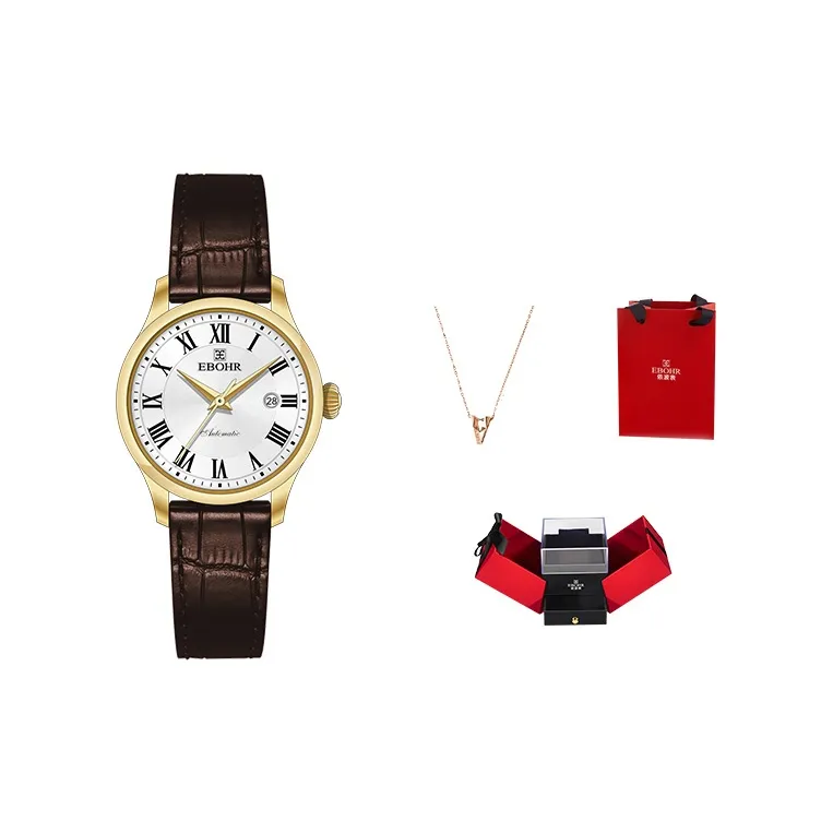 EBOHR Mechanical Movement Genuine Leather Strap Watch Women's Watch White Dial-1