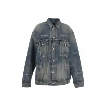 Balenciaga Distressed Logo Printed Denim Jacket