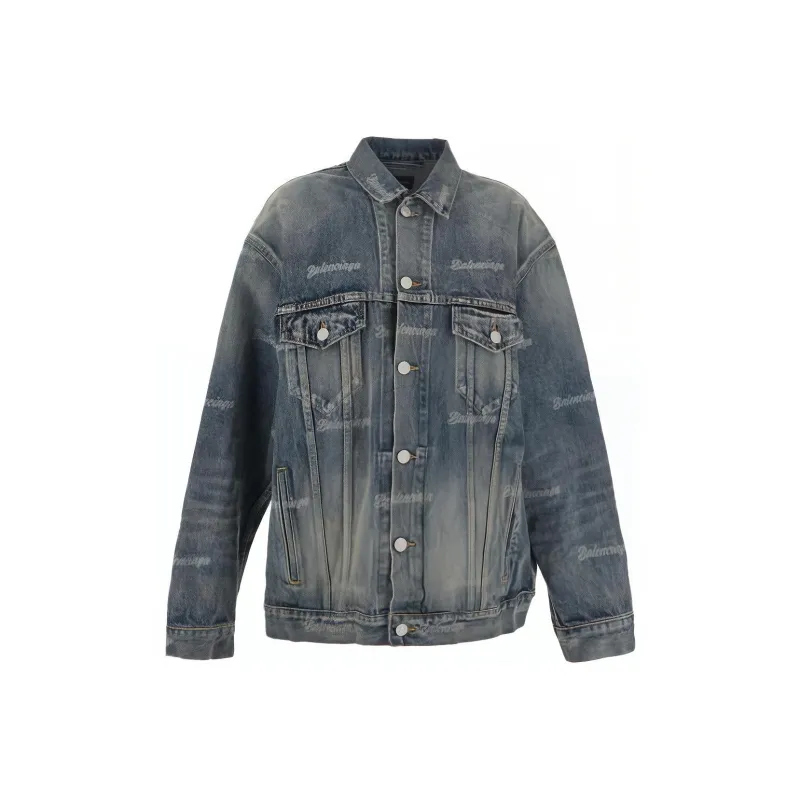 Balenciaga Distressed Logo Printed Denim Jacket-0