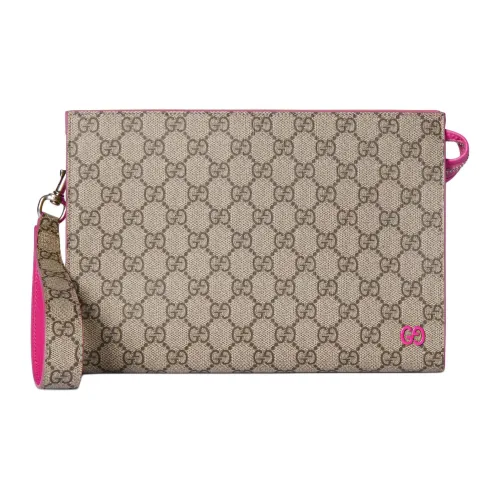 GUCCI GG Supreme Artificial Leather Clutch Women's Dark Brown & Pink