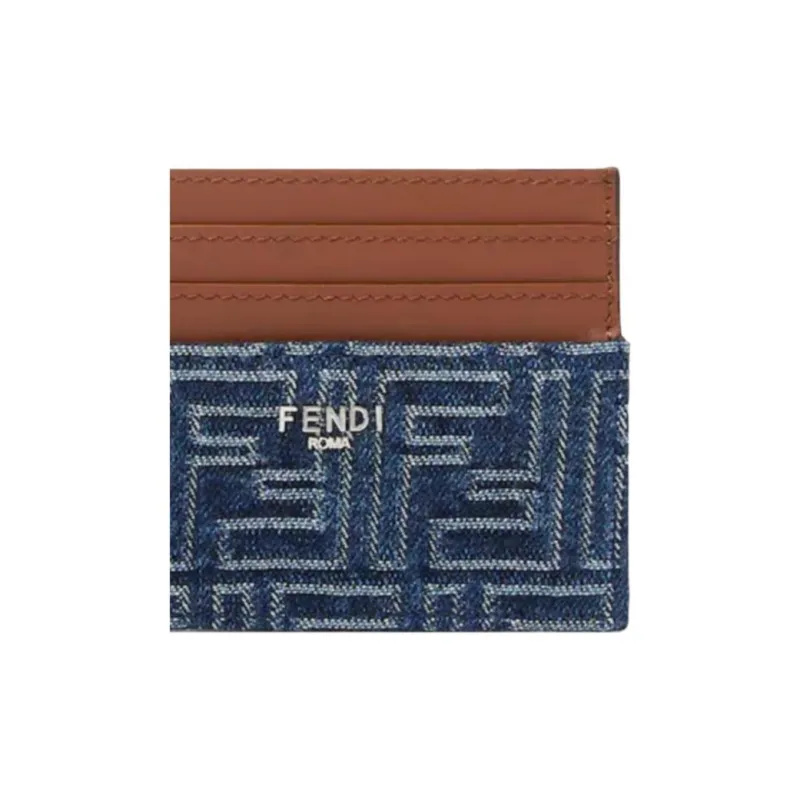 FENDI FF Cotton With Cow Leather Card Holder Unisex Blue-3
