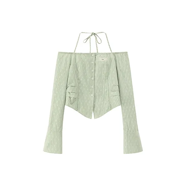 CHUU Chiffon Shirt Women's Green Stripes Pattern-0