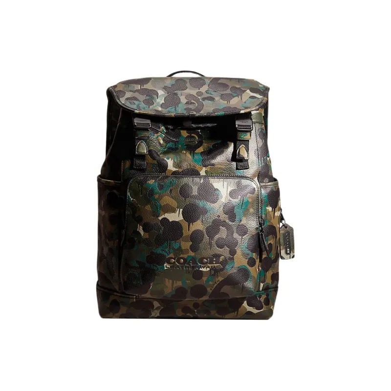 COACH League Pebbled Leather Backpack Large Size Men's Camouflage Green-0