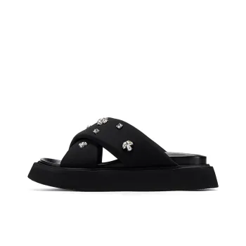 GG CC Rhinestone Slip Resistant Abrasion Resistant Cushioning Platform Slide Slippers Women's Black