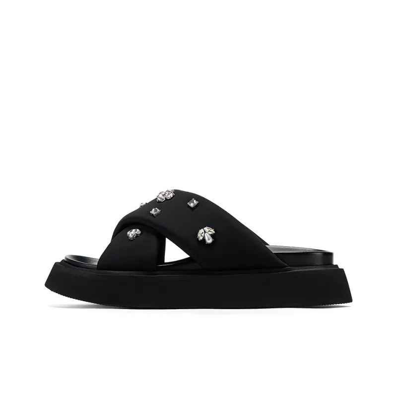 GG CC Rhinestone Slip Resistant Abrasion Resistant Cushioning Platform Slide Slippers Women's Black-0