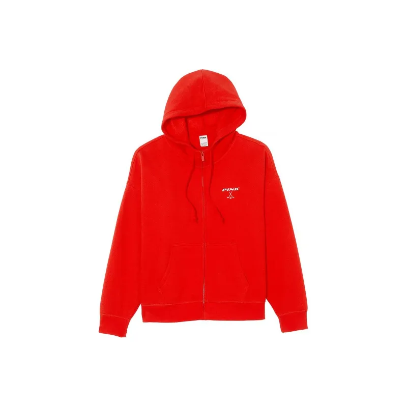 Victoria's Secret PINK Ivy Fleece Campus Full-Zip Hoodie/BVPR Sweatshirt Women's Bright Vermilion Ice Rink-0