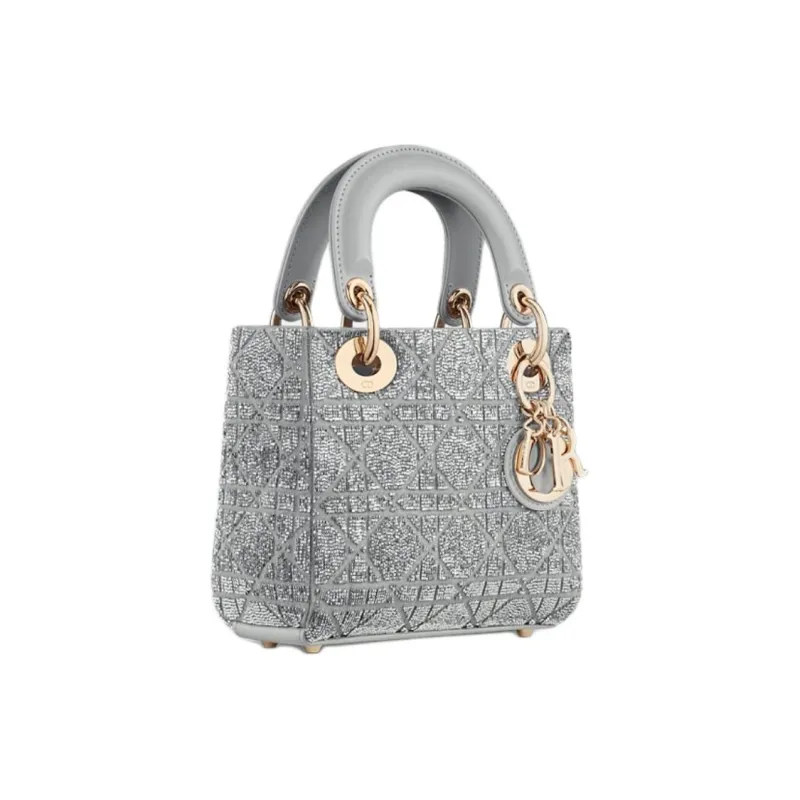 DIOR Lady Dior Silk One Shoulder Handbag Mini Women's Silver-2
