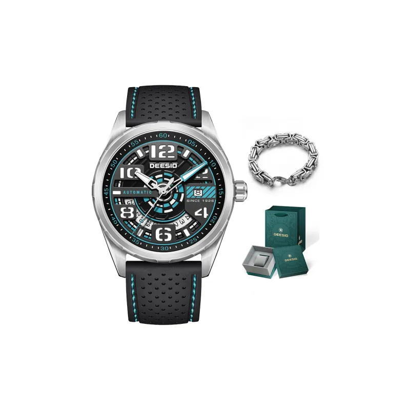 DEESIO Automatic Mechanical Movement Rubber Strap Watch Men's Watches Cut Out Dial-9