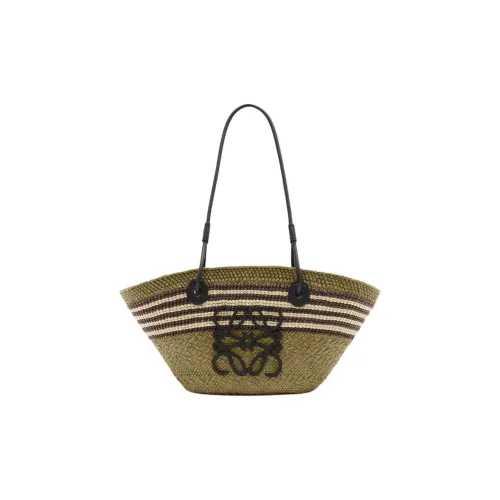 LOEWE Anagram Basket Palm Leaf Shoulder Bag Small Size Women's Dark Khaki