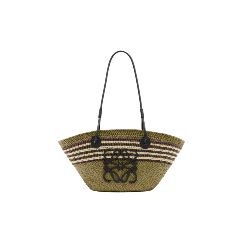 LOEWE Anagram Basket Palm Leaf Shoulder Bag Trumpets Women's Dark Khaki-0