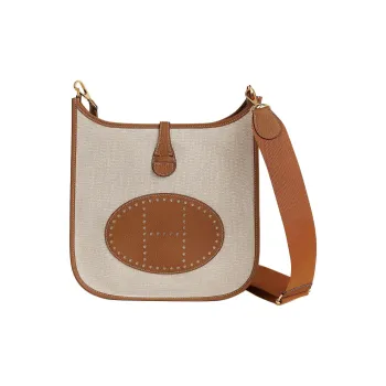 HERMES Evelyne Canvas With Clemence Bullock Leather Shoulder Bag Women's Brown & Beige