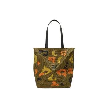 LOEWE Puzzle Fold Raffia With Calfskin Tote Bag, Shopping Bag, Handbag, Shoulder Bag Tubas Women's Olive Green