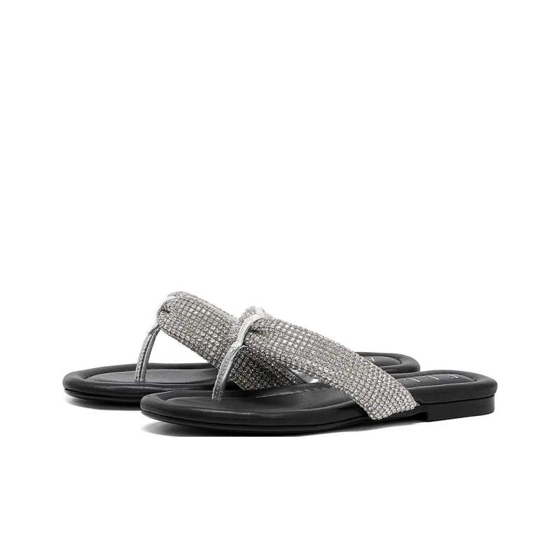 ELLE Rhinestone Flip Flops Women's Black Silver-2