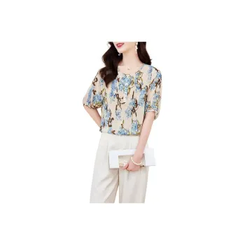 Yi Mengyuan Short Sleeved Silk Shirt Women's Leaf Flower