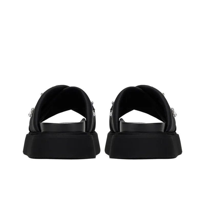 GG CC Rhinestone Slip Resistant Abrasion Resistant Cushioning Platform Slide Slippers Women's Black-3