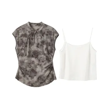 3COLOUR Chiffon Shirt Women's Set Gray Purple Floral Shirt+Camisole