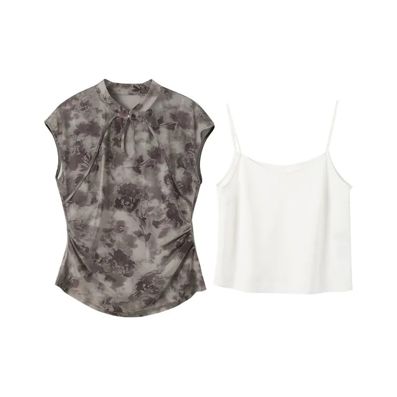 3COLOUR Chiffon Shirt Women's Clothing Sets Gray Purple Floral Shirt+Camisole-0