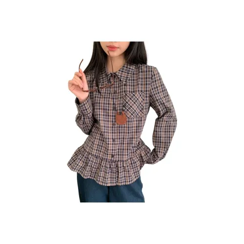 HUOLIDEDITU Shirt Women's Blue Coffee Plaid