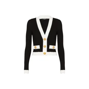 BALMAIN Contrast border Ribbed Knit Cardigan