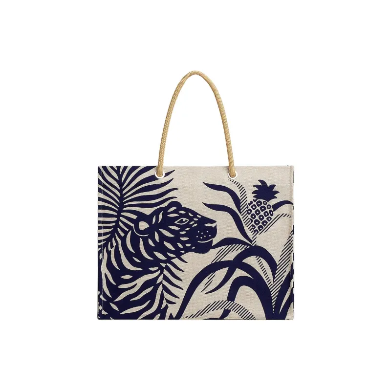 HERMES Tigre A L'Ananas Cotton Beach Bag, Tote Bag, Shopping Bag, Handbag Women's Dark Marine Blue-2