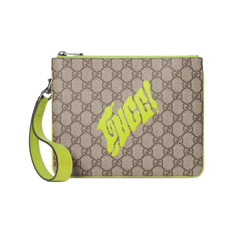 GUCCI Coated Fabric Clutch Small Size Women's Beige & Emerald Green-0