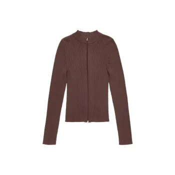 AMOMENTO Ribbed Mock Neck Cardigan 'Brown'
