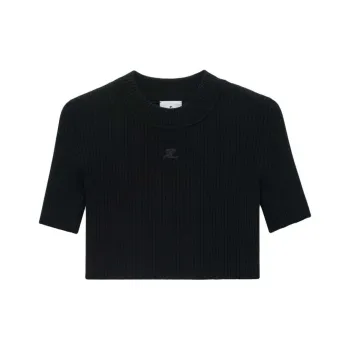 COURREGES Mock Neck Rib Knit Cropped Top 'Black'