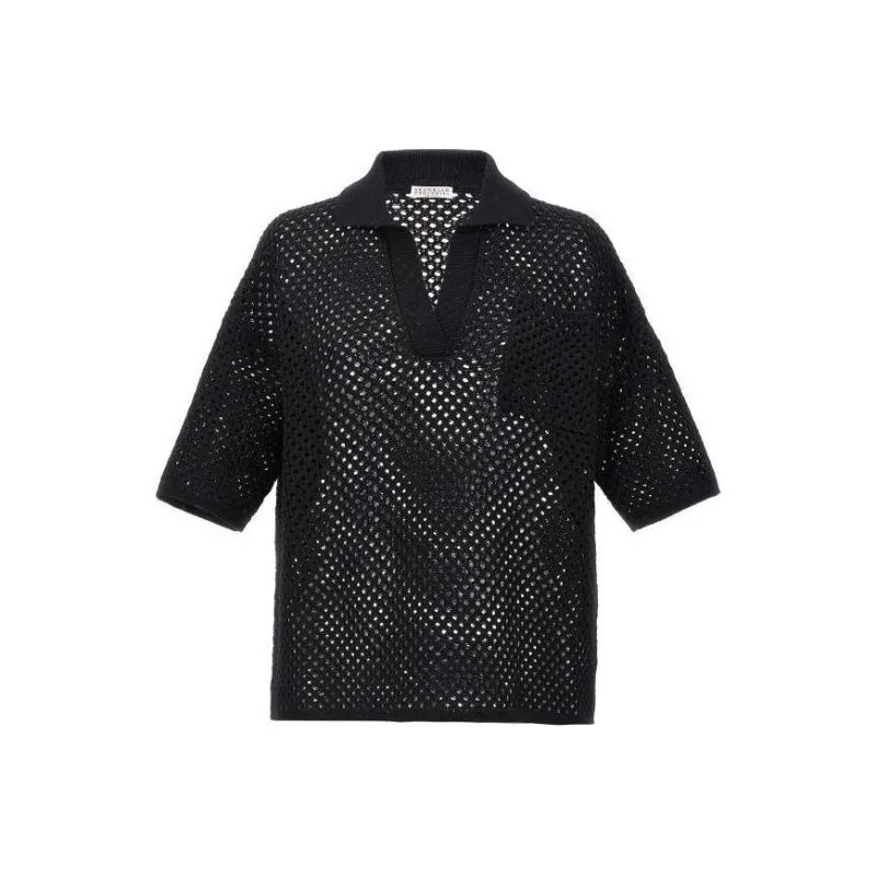 Brunello Cucinelli Open Knitted Short Sleeved Polo Jumper-0