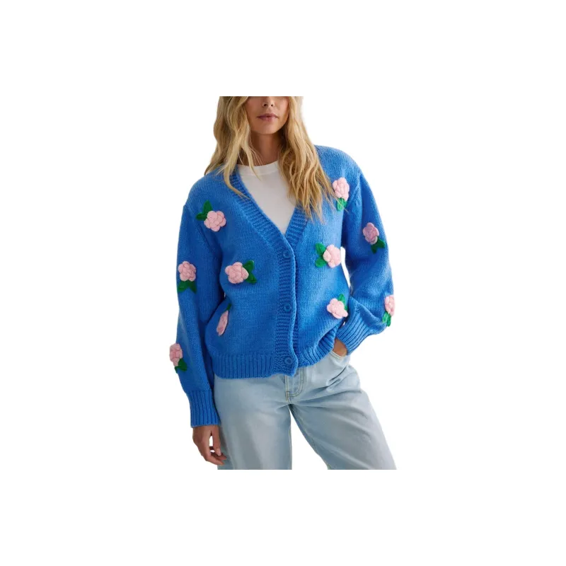 NASTY GAL Chunky Knit Rose Detail Cardigan Knitwear Women's Blue-0