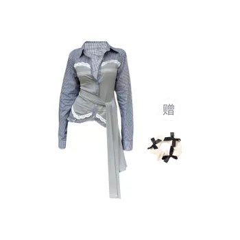 TURN UP Shirt Women's Gray Blue+Bowknot Hair Tie Comes With