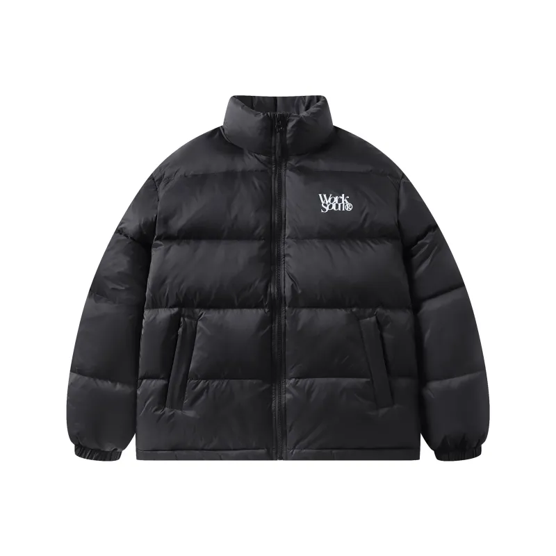 WORKSOUT Duck Down Letter Print Thermal Stand Collar Loose Fit Down Jacket Unisex-0