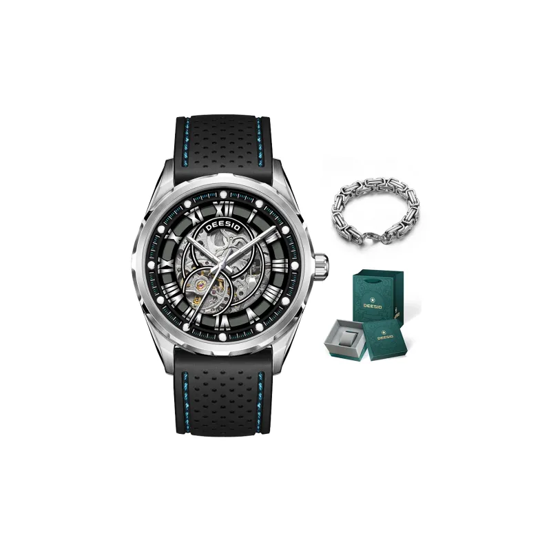 DEESIO Automatic Mechanical Movement Rubber Strap Men's Watches Cut Out Dial-8