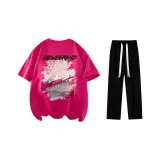Clothing Set (Rose Red T-Shirt+Black Casual Pants)