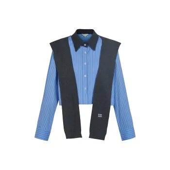 MISSHONEY MH Knitwear Women's Blue Striped Shirt+Gray Shawl