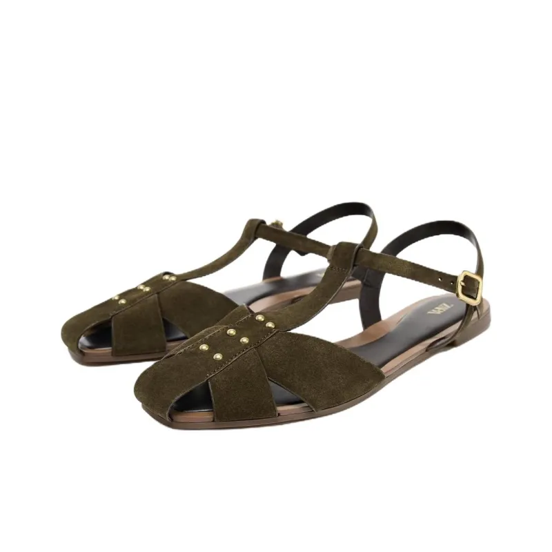 ZARA Roman Sandals 1.5cm Women's Khaki Green-2