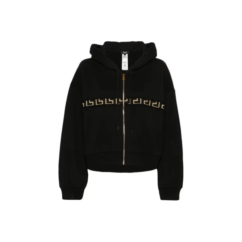 VERSACE Greca Detailed Drawstring Zipped Hoodie-0