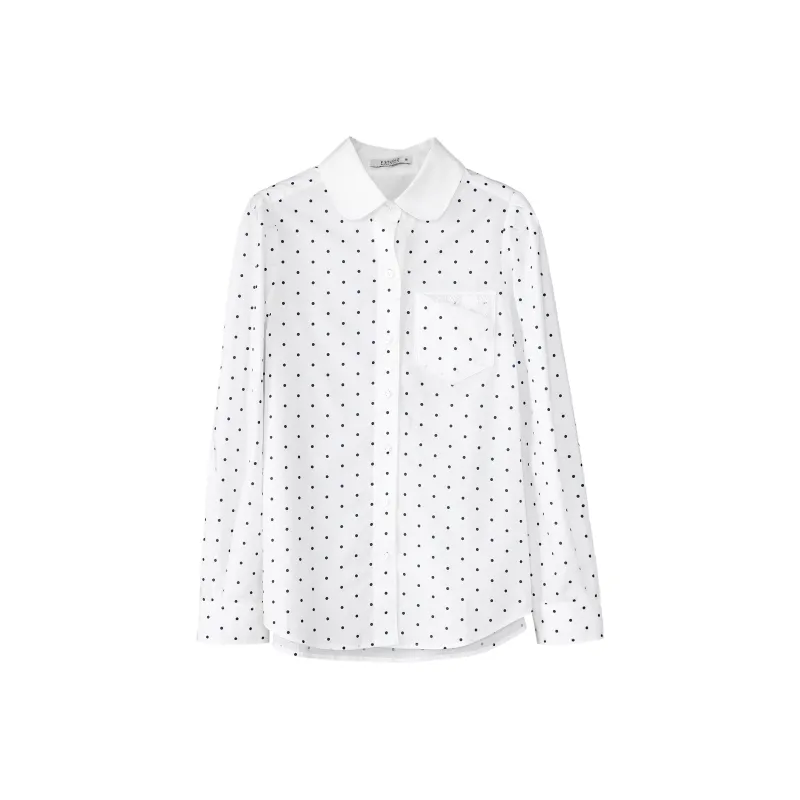 Fstudio Spring Korean Style 100% Cotton Versatile Lace Embroidery Long Sleeved Shirt Women's White-0