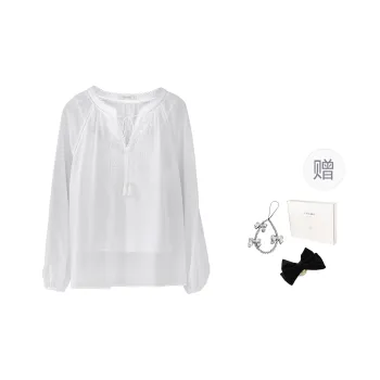 Fstudio Korean Style V Neck Pure Cotton Lace Trim Embroidery Long Sleeved Shirt Women's White