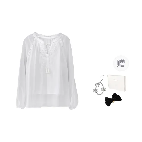 Fstudio Korean Style V Neck Pure Cotton Lace Trim Embroidery Long Sleeved Shirt Women's White