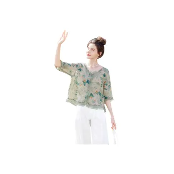 TOUCH Shirt Women's Green Leaf Orange Yellow Flower