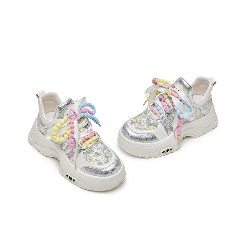 HR Breathable Low Top Chunky Sneakers Women's White Silver-1