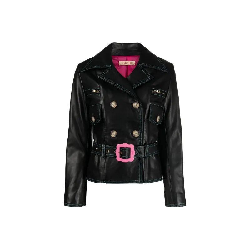 CORMIO Florence Double Breasted Belted Leather Jacket-0