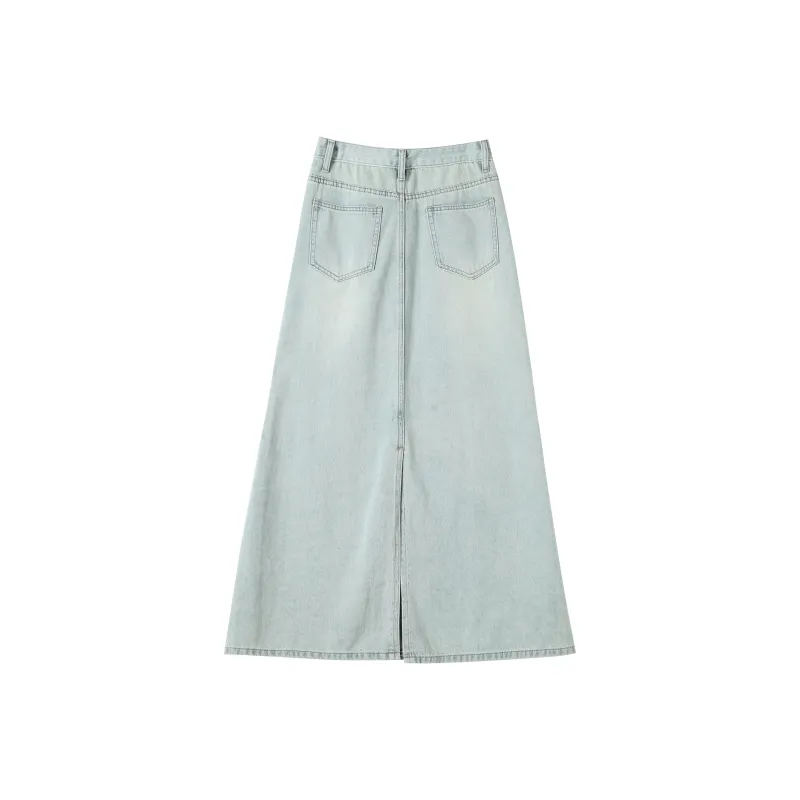 FAWENXIANGZI Denim Long Skirt Women's Blue-1