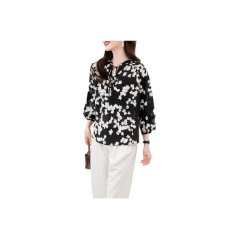 Yi Mengyuan 3/4 Sleeved Silk Shirt Women's Black With White Floral
