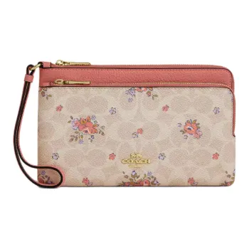 COACH Double Zip Wallet Coated Canvas With Leather Wallet Small Size Women's Gold & Beach Multicolor
